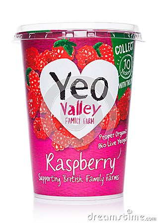 LONDON, UK - MARCH 05, 2019: YEO Valley Family Farm Proper Organic Bio Live Yogurt with Raspberry on white Editorial Stock Photo