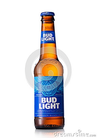 LONDON,UK - MAY 11, 2022: Bud light lager beer in glass bottle on white background Editorial Stock Photo