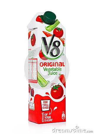 LONDON, UK - MAY 29, 2019: Pack of V8 Original Vegetable Juice on white background Editorial Stock Photo