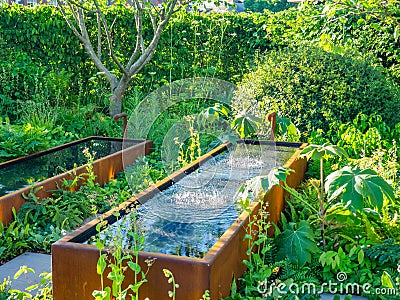 Beautifully designed gardens with plants and variegated flower compositions at RHS Chelsea Flower Show. Stock Photo