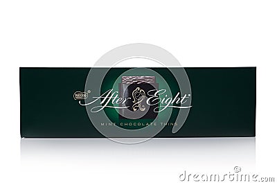 LONDON, UK - November 24, 2017: After Eight mint chocolate box on white. Established in 1962, After Eight is recognised as the le Editorial Stock Photo