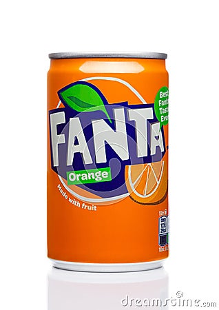 LONDON, UK - November 17, 2017: Fanta little can soft drink on white. Fanta is popular fruit-flavored carbonated soft drink create Editorial Stock Photo