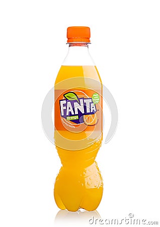 LONDON, UK - NOVEMBER 10, 2017: Fanta plastic bottle isolated on the white The three popular drinks produced by the Coca-Cola Com Editorial Stock Photo