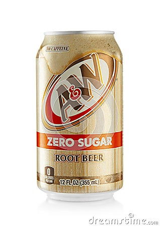 LONDON,UK - OCTOBER 21, 2021 : Aluminium can of A&W Root Beer zero sugar drink on white background Editorial Stock Photo