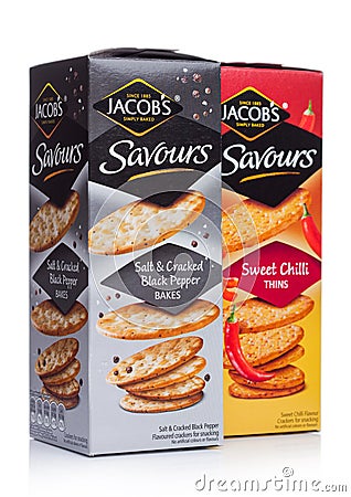 LONDON, UK - OCTOBER 10, 2019: Boxes of Jacob`s Crackers with Sweet Chilli and Salt & Pepper on white background Editorial Stock Photo