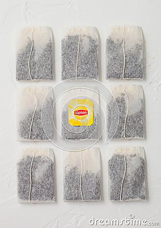 LONDON, UK - OCTOBER 21, 2020: Lipton yellow label tea bags on white Editorial Stock Photo