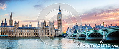 London, UK panorama. Big Ben in Westminster Palace on River Thames at sunset Stock Photo