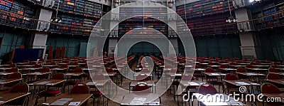 Panorama of the Octagon Library at Queen Mary, University of London in Mile End, East London, with colourful leather bound books Editorial Stock Photo