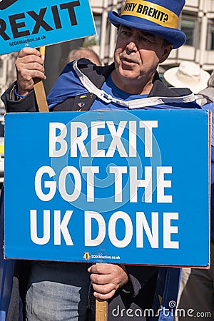 Pro-EU anti-Brexit supporter Steve Bray (Mr. Stop Brexit) at the National Rejoin March in London. Editorial Stock Photo