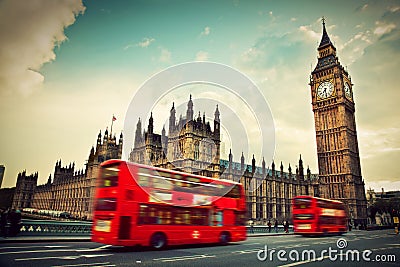 London, the UK. Red bus and Big Ben Stock Photo