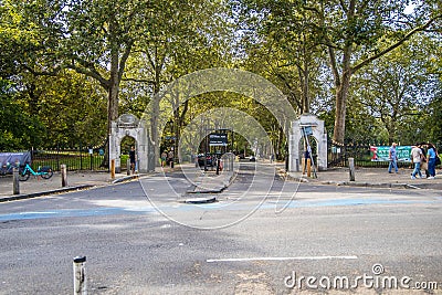 London, UK - September 14, 2023: Battersea Park trees and woodland entrance Editorial Stock Photo