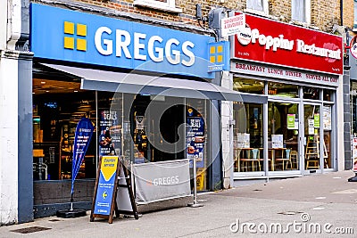 Greggs Bakers Shop Front and Logo Editorial Stock Photo