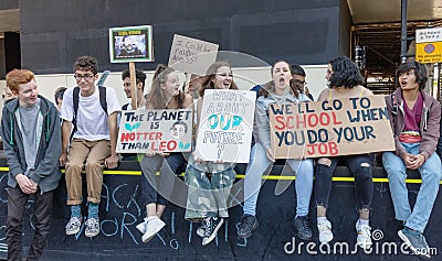 London / UK - September 20th 2019 - Young climate change activists hold signs at the Climate Strike Editorial Stock Photo