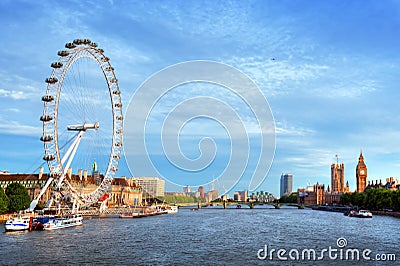 London, the UK skyline. Big Ben, London Eye and River Thames. English symbols Editorial Stock Photo