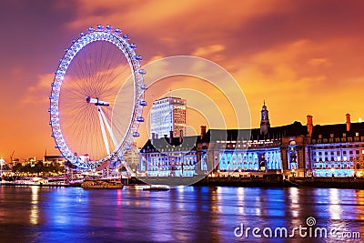 London, the UK skyline in the evening, London Eye Editorial Stock Photo