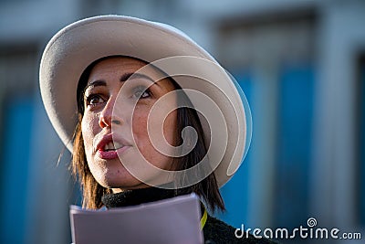 British actress Rebecca Hall speaking at the Women`s March rally in Trafalgar Square, London, UK. Editorial Stock Photo