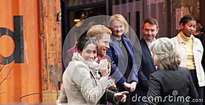 Prince Harry and Meghan Markle visit Reprezent radio at POP Brixton to see work being done to comba Editorial Stock Photo