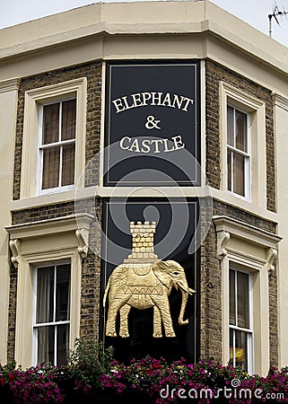 London, UK, 17th July 2019, Elephant and Castle Sign on a pub in in central london Editorial Stock Photo