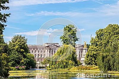 London UK View of Buckingham Palace viewed over lake in St James park with weeping willows and ducks on pretty summer Editorial Stock Photo