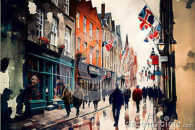 London, UK. Vintage painting, background illustration, beautiful picture, travel texture Cartoon Illustration