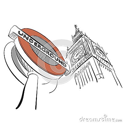 London Underground Sign in skyline Front of Big Ben Vector Illustration