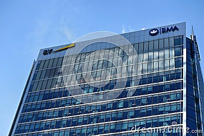 London, United Kingdom - February 03, 2019: Ernst & Young and European Medicines Agency at their offices shared on 30 Churchill Pl Editorial Stock Photo