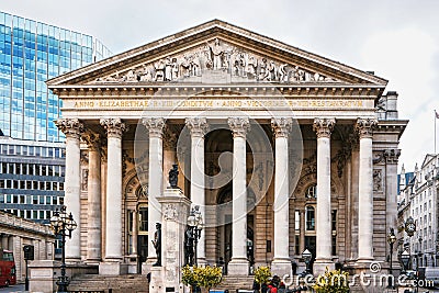 London, United Kingdom - February 02, 2019: Royal Exchange front gate near Bank station. It is centre of commerce, first opened Editorial Stock Photo