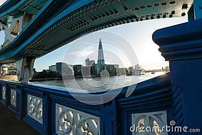 View of embankment with Shard, City Hall through Tower Bridge construction Editorial Stock Photo