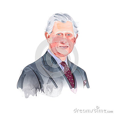 London, United Kingdom - 01 March 2023: Charles III King of the United Kingdom watercolour vector portrait. The Vector Illustration