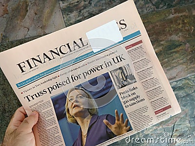 Financial Times newspaper featuring new Prime Minister of the United Kingdom Liz Editorial Stock Photo