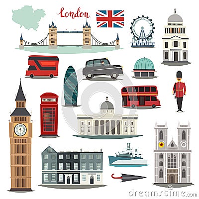 London vector illustration big collection. Cartoon United Kingdom icons: Royal Guard, Bridge Tower and red bus. Vector Illustration