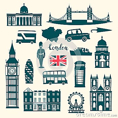 London vector illustration set. Cartoon United Kingdom skyline silhouette Vector Illustration