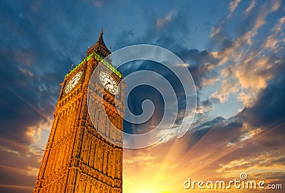 London, Wonderful upward view of Big Ben Tower and Clock at suns Stock Photo