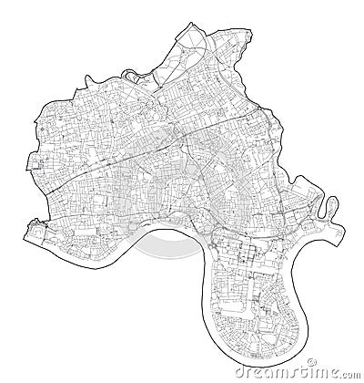 Satellite view of the London boroughs, map and streets of Tower Hamlets borough. England Vector Illustration