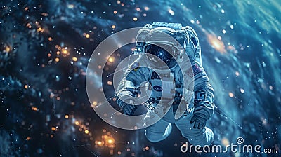 A lone astronaut floating in space gazing at the mesmerizing sight of intertwining invisible threads connecting stars Stock Photo