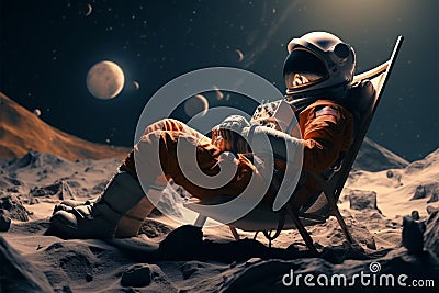Lone astronaut rests in a chair on the moons tranquil surface Stock Photo