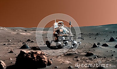 Lone astronaut roams Mars with his rover Creating using generative AI tools Stock Photo