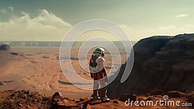 A lone astronaut standing on the surface of the red planet Mars. He looks around and observes the breathtaking view. Stock Photo