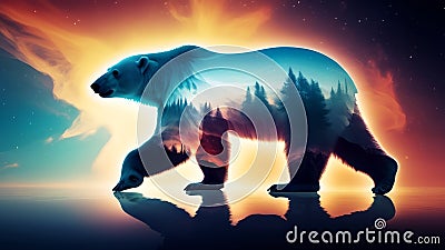 Silhouette of a bear against the backdrop of a winter forest, AI generated Stock Photo