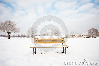 lone bench with footprints in snow leading up Stock Photo