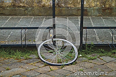 Lone Bike Tire/ Stolen Bike Stock Photo