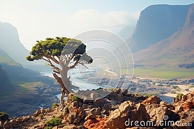 Bonsai tree grow on mountainous cliff AI generated Stock Photo