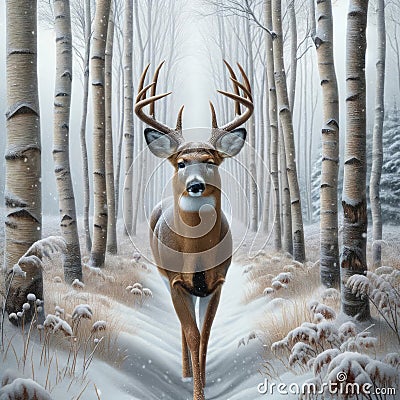 Lone Buck White-tail Deer Buck Wilderness Wintertime Birch Trees Snowy Pathway Forest Canada AI Generated Stock Photo