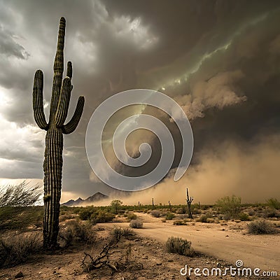 A lone cactus stands resilient against a fierce dust storm Stock Photo