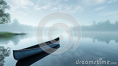 A lone canoe floats on a calm, mist-covered lake, surrounded by a dense line of trees, creating a serene and tranquil scene Stock Photo