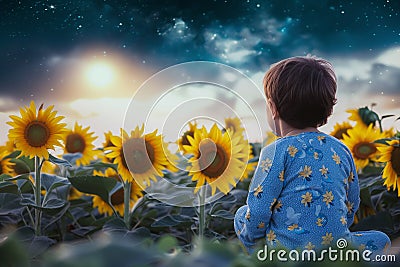 lone child in pajamas sitting among sunflowers looking at night sky Stock Photo