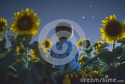 lone child in pajamas sitting among sunflowers looking at night sky Stock Photo