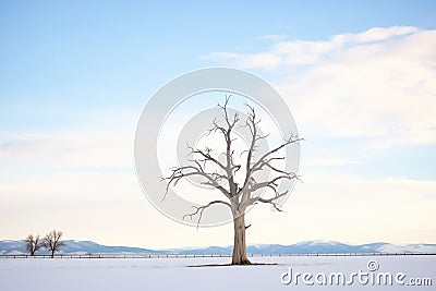 lone dead tree silhouette with snowy flatland Stock Photo