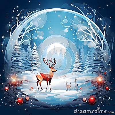 A lone deer in a snow-covered forest at night, illustration. Xmas tree as a symbol of Christmas of the birth of the Savior Vector Illustration