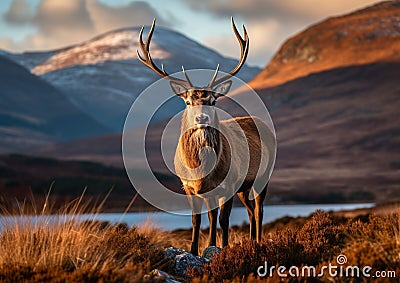 Lone deer stands in a grassy meadow with snow-capped mountains in the background, AI-generated. Stock Photo